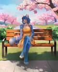 anthro bench blue_body blue_eyes blue_fur blue_hair breasts cherry_blossom cherry_tree clothing crossed_legs day dress female flower fluffy fluffy_tail front_view fruit_tree fur hair inner_ear_fluff outside park park_bench plant prunus_(flower) sitting sky solo sundress tail tree tuft yellow_clothing yellow_dress ariannafray_pr nintendo star_fox krystal_(star_fox) canid canine fox mammal 4:5 hi_res