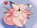 abstract_background black_eyes cute_fangs fangs female feral genitals glistening glistening_eyes heart_symbol one_eye_closed pink_body pussy simple_background solo standing tail teeth text wings wink xelius nintendo pokemon clefable generation_1_pokemon pokemon_(species) hi_res url