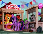 anthro apple basket carrot container female feral food fruit gem gemstones group horn male market market_stall marketplace plant tail vegetable wings harwick friendship_is_magic hasbro my_little_pony mythology carrot_top_(mlp) marble_pie_(mlp) spike_(mlp) twilight_sparkle_(mlp) dragon equid equine horse mammal mythological_creature mythological_equine mythological_scalie pony scalie winged_unicorn hi_res