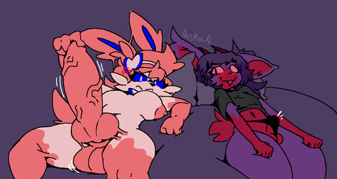 angry anthro balls big_penis blue_eyes blush breasts clothing cross-popping_vein drooling_tongue duo erection genitals goo_string gynomorph hair heterochromia intersex intersex/male looking_at_genitalia lying male on_back penis pillow pink_body pink_hair pink_tail pupils purple_background purple_body purple_hair red_body red_pupils red_tail ribbons shirt simple_background slime tail thong throbbing throbbing_penis tongue tongue_out topwear touching_penis underwear vein veiny_penis white_body aujko nintendo pokemon lyg_(aujko) silvya_(moxxiedc) deer eeveelution generation_6_pokemon goo_creature humanoid mammal new_world_deer pokemon_(species) pudu sylveon