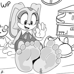 anthro duo feet female female/female foot_fetish foot_focus burtreex sega sonic_the_hedgehog_(series) amy_rose cream_the_rabbit eulipotyphlan hedgehog lagomorph leporid mammal rabbit 1:1 hi_res monochrome