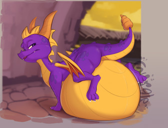 abdominal_bulge ambiguous_gender belly belly_on_ground big_belly claws feral frill_(anatomy) gurgle_(sound_effect) horn huge_belly membrane_(anatomy) membranous_wings outside purple_body purple_scales rumbling_stomach scales solo standing tail teeth wings yellow_body yellow_scales blitzit activision european_mythology mythology spyro_the_dragon spyro dragon mythological_creature mythological_scalie scalie western_dragon 2026 hi_res