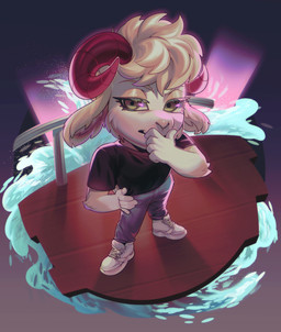 2_horns 5_fingers anthro black_clothing black_shirt black_topwear blue_bottomwear blue_clothing blue_pants bottomwear chibi clothed clothing denim denim_bottomwear denim_clothing fingers footwear fully_clothed fur green_eyes hair high-angle_view horn jeans looking_at_viewer male male_anthro narrowed_eyes pants pink_horn red_horn shirt shoes smile sneakers solo standing t-shirt topwear water white_body white_clothing white_footwear white_fur white_shoes yellow_eyes jeja xsissa jules_(jejansfw) bovid caprine goat mammal absurd_res detailed digital_media_(artwork) hi_res