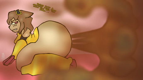 anthro armor black_sleeves brown_body brown_fart_cloud brown_fur brown_hair dialogue eyewear fart fart_cloud fart_fetish female fur goggles hair hyper hyper_fart kneeling kneeling_on_ground side_view solo talking_to_self yellow_armor yellow_clothes yellow_eyewear yellow_goggles swirlspicysoup gameoverse glitch_productions kit_bodega domestic_cat felid feline felis mammal 16:9 hi_res widescreen