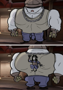 anthro biceps butt chain_necklace clothing duo fur hat_over_eyes humor jewelry male male/male muscular muscular_anthro muscular_male necklace pecs shirt size_difference tank_top topwear white_body white_fur toastydumpster deadlock_(game) valve krill_(deadlock) mo_(deadlock) eulipotyphlan haplorhine mammal mole_(animal) monkey primate comic hi_res