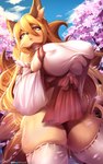 2022 absurd_res anthro big_breasts blonde_hair breasts canid canine canis clothed clothing exposure_variation eyebrows eyelashes female fox hair hi_res holding_breast huge_breasts legwear long_hair looking_at_viewer mammal nipple_outline outside shrine_maiden sky skyscape solo thigh_highs viejillox