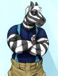 anthro beard bill_(hladilnik) colored crossed_arms equid equine facial_hair firefighter frown hair hi_res hladilnik male mammal mature_anthro mature_male solo white_hair zebra