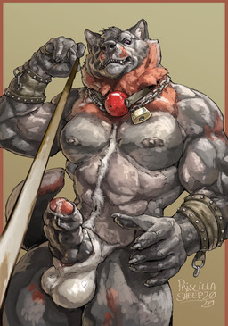 animal_genitalia anthro ball_gag balls bodily_fluids chain cum dominant dominant_male foreskin gag genital_fluids genitals humanoid_genitalia humanoid_penis hybrid_genitalia hybrid_penis knot knotted_humanoid_penis knotted_penis leash leashed_viewer lock looking_at_viewer male muscular muscular_anthro muscular_dom muscular_male nipples padlock penis precum red_ball_gag sheath sheathed_humanoid_penis solo uncut_with_sheath priscillasheep uralkodo_farkas canid canine canis mammal wolf 2020 absurd_res hi_res signature