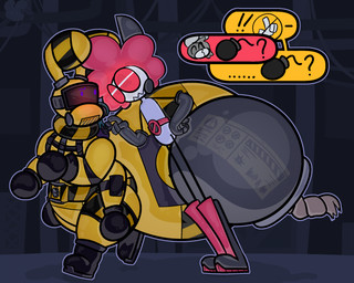 4_arms bomb explosives hair hazmat_suit hyper hyper_abdomen hyper_inflation inflation logo multi_arm multi_limb outline purple_eyes purple_outline red_eyelids red_hair speech_bubble symbol_dialogue teasing dilliedragon moff_(dilliedragon) arthropod insect lepidopteran moth 2025 artist_logo dated hi_res
