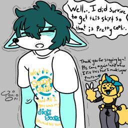 3_fingers 4_arms 8_eyes anthro big_breasts black_nose blue_body blue_clothing blue_fur blue_kerchief bottomless bottomwear breasts clothed clothing dialogue drained duo ears_down eyes_always_closed eyes_closed fangs female fingers fluffy fluffy_hair fur gesture green_hair hair headgear headgear_only headkerchief headkerchief_only headwear headwear_only heart_symbol humor kerchief kerchief_only male mostly_nude multi_arm multi_eye multi_limb open_mouth pants pivoted_ears shaking shirt shirt_only short_hair snout speech_bubble teeth text thick_thighs tired tired_eyes topwear topwear_only torn_bottomwear torn_clothing torn_pants waving white_body white_clothing white_fur white_shirt white_topwear yellow_body yellow_fur toni_oni avon_(unsureumbra) sunny_(toni_oni) arachnid arthropod canid canine fox mammal spider 1:1 credits english_text
