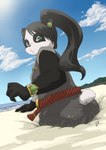 anthro armor beach big_butt breasts butt clothing crossgender female hair kemono messy mud outside peril quicksand sand seaside sinking sky slightly_chubby solo stuck thick_thighs water yanamosuda blizzard_entertainment warcraft liusha_xishou bear mammal pandaren absurd_res hi_res