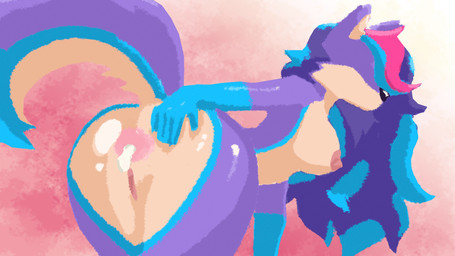 5_fingers abstract_background after_sex anthro anus big_butt biped blue_body blue_eyes blue_fur blue_hair bodily_fluids breasts butt butt_heart claws countershade_accent countershading cum cum_in_ass cum_inside dipstick_tail female fingers fluffy fluffy_tail fur genital_fluids genitals glistening glistening_body gloves_(marking) hair heart_symbol highlights_(coloring) looking_back markings multicolored_body multicolored_fur multicolored_hair nipples pink_anus pink_background pink_hair pink_nipples purple_body purple_fur purple_hair raised_tail rear_view simple_background small_waist solo spread_butt spreading tail tail_markings tan_body tan_countershading tan_fur vulva wide_hips wolf_tail ascella_(artist) ascella canid canine canis mammal wolf 16:9 4k absurd_res hi_res widescreen
