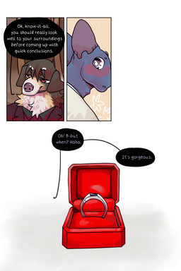 anthro biped dialogue digit_ring duo flushed jewelry male male/male marriage_proposal ring text wedding_ring bastriw fernando_(bastriw) pato_(bastriw) canid canine canis domestic_cat domestic_dog felid feline felis mammal 2:3 comic english_text hi_res