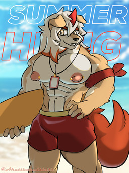 big_nipples clothing hair kerchief name_tag nipple_piercing nipples piercing smile smiling_at_viewer surfboard swimming_trunks swimwear akat/starfox arknights hypergryph studio_montagne hung_(arknights) canid canine canis domestic_dog humanoid mammal 3:4 hi_res