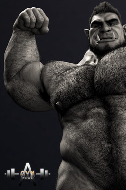arm_hair armpit_hair beard belly belly_hair big_muscles body_hair chest_hair facial_hair flexing flexing_bicep hair male muscular muscular_male nipples not_furry nude pubes simple_background solo standing ad-games humanoid orc 2:3 3d_(artwork) black_and_white digital_media_(artwork) hi_res monochrome