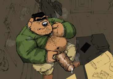anthro aroused aroused_male barazoku beer_belly belly big_belly big_muscles big_penis black_chest_hair black_eyebrows black_facial_hair black_hair bodily_fluids body_hair bottomwear brown_clothing brown_footwear brown_shoes buzz_cut chest_hair clothed clothing clothing_pull desk dripping erection eyebrows facial_hair fondling_penis footwear furniture genital_fluids genitals grabbing_own_penis green_bottomwear green_clothing green_pants green_sweater green_topwear hair hand_on_own_penis hand_on_penis high-angle_view holding_erection holding_own_penis holding_penis huge_penis hyper hyper_genitalia hyper_penis leaking_precum looking_at_genitalia looking_at_penis male manly masturbation musclegut muscular muscular_anthro muscular_arms muscular_male muscular_thighs musk musky_body musky_penis office open_bottomwear open_clothing open_pants pants penis penis_grab penis_poking_out penis_through_fly precum precum_drip precum_from_penis precum_on_own_penis precum_on_penis presenting presenting_belly presenting_body presenting_penis rubbing_penis shirt shoes solo standing stroking_penis stubble suitcase sweater sweater_pull table thick_arms thick_eyebrows thick_penis thick_thighs topwear topwear_pull tough_guy vein veiny_penis white_clothing white_shirt white_topwear wide_stance bighurso bulldog canid canine canis domestic_dog mammal mastiff molosser