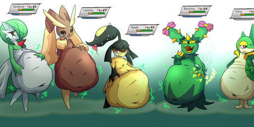 abdominal_bulge ambiguous_gender ambiguous_prey anthro anthro_pred arm_tuft belly belly_slap berry big_belly black_body blue_body blue_eyes breasts brown_body brown_eyes chest_spike claws clothing dress female female_pred flat_chested floppy_ears flower food fruit game_ui gameplay_mechanics green_body group gui hair_mouth health_bar horn huge_belly humanoid_pred hyper hyper_belly leaf leaf_tail level_difference level_number looking_away multicolored_body multiple_pred navel overweight overweight_anthro overweight_female overweight_humanoid plant pointed_nose pseudo_clothing pseudo_hair red_eyes rumbling_stomach sharp_teeth size_difference slap slapping_own_belly slapping_self small_breasts smile smirk smug spikes spikes_(anatomy) tail tan_body teeth thorns tongue tongue_out tuft vore white_body wrist_tuft yellow_body yellow_eyes voraciousgf nintendo pokemon alcremie berry_sweet_alcremie elemental_creature elemental_humanoid flora_fauna food_creature gardevoir generation_3_pokemon generation_4_pokemon generation_5_pokemon generation_8_pokemon humanoid lopunny maractus mawile mint_cream_alcremie plant_humanoid pokemon_(species) snivy 2026 absurd_res digital_drawing_(artwork) digital_media_(artwork) hi_res