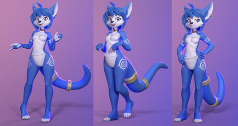 accessory ahoge alternate_species anthro arm_markings blue_body blue_fur blue_hair breasts chest_tuft collar ear_piercing ear_ring eyebrows eyelashes featureless_breasts featureless_crotch feet female fur furgonomics hair hand_on_hip jewelry leg_markings looking_at_viewer markings navel nude open_mouth open_smile paws piercing plantigrade pouch_(anatomy) ring ring_piercing short_hair small_breasts smile solo tail tail_accessory tail_jewelry tail_ring teal_eyes thigh_markings toes tuft white_body white_fur lemurfeature nintendo star_fox krystal_(star_fox) kangaroo macropod mammal marsupial 2024 3d_(artwork) digital_media_(artwork) hi_res multiple_images