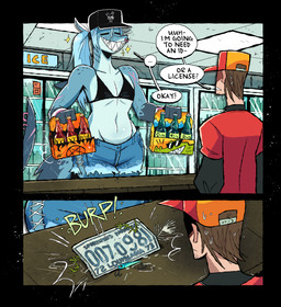 accessory alcohol anthro bare_shoulders baseball_cap beer beverage bikini bikini_top biped black_border blue_body blue_hair border bottle bottomwear breasts burping clothed clothed_anthro clothed_female clothed_human clothed_male clothing collarbone container countershade_face countershade_neck countershade_torso countershading dialogue duo ellipsis eyes_closed eyewear facial_piercing female female_anthro fin fin_piercing fingers footwear freckles fully_clothed fully_clothed_anthro fully_clothed_female furgonomics furry-specific_piercing gills gloves_(marking) grin hair hair_accessory hair_tie hat headgear headwear holding_beverage holding_bottle holding_container holding_object hotpants humor inside laced_clothing larger_anthro larger_female linked_speech_bubble male male/female male_human markings misunderstanding multicolored_body non-mammal_hair nose_piercing nose_ring object_with_emanata outside_border piercing ponytail ring_piercing scar scrunchie seaweed septum_piercing septum_ring sharp_teeth shorts size_difference small_breasts smaller_human smaller_male smile smiling_at_another snout solo_focus sound_effects speech_bubble spots spotted_body spotted_markings spotted_shoulders sunglasses swimwear tail tail_fin teeth text thick_tail tied_hair toothy_grin toothy_smile two-piece_swimsuit wearing_hat herny jawlene_(herny) fish human mammal marine shark 2025 absurd_res comic english_text hi_res multiple_scenes