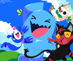 ambiguous_gender beak black_body black_eyes black_fur blue_body cloud emanata eyes_closed fake_eyes fangs feathered_wings feathers feral fur group happy male markings open_mouth sky tail tan_body tan_feathers teeth tongue unusual_anatomy unusual_eye_placement whisker_markings wings yellow_sclera sleepy_sealion nintendo pokemon avian bird felid feline generation_2_pokemon generation_7_pokemon litten mammal owl pokemon_(species) popplio rowlet wobbuffet 2025 6:5 dated hi_res signature