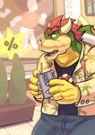 anthro bottomwear casual_clothing cellphone clothed clothing denim denim_bottomwear denim_clothing discount electronics fully_clothed hair jeans male mall mannequin pants phone plant shirt solo topwear tree apricalico mario_bros nintendo bowser koopa reptile scalie hi_res