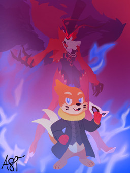 2_tails 3_fingers 3_toes anthro biped blue_background blue_eyes blue_fire clothed clothing colored_fire duo feet fingers fire fur glistening glistening_eyes long_tail male mask multi_tail open_mouth orange_body orange_fur orange_tail pink_tongue simple_background standing tail teeth toes tongue fulgito_ast nintendo pokemon arsene_(persona) buizel generation_4_pokemon pokemon_(species) 2025 3:4 hi_res