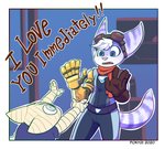 anthro blue_eyes breasts clothing cybernetic_arm cybernetic_limb duo eyewear eyewear_on_head female fur goggles goggles_on_head prosthetic prosthetic_arm prosthetic_limb small_breasts stripes pokyuii ratchet_and_clank sony_corporation sony_interactive_entertainment rivet_(ratchet_and_clank) tess_(pokyuii) felid lombax mammal hi_res