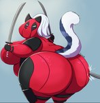 anthro belly big_breasts big_butt big_cheeks breasts butt chubby_cheeks clothing female fullbody_suit fur hair head_turned holding_katana holding_melee_weapon holding_object holding_sword holding_weapon huge_breasts huge_butt jumpsuit katana leaning leaning_forward looking_at_viewer looking_back looking_back_at_viewer melee_weapon obese obese_anthro obese_female overweight overweight_anthro overweight_female poking poking_butt raised_tail rear_view solo superhero superhero_costume sword tail weapon shenzel marvel deadpool shenzel_(shenzel) domestic_cat felid feline felis mammal 2024 hi_res signature