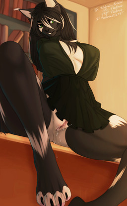 anthro bangs big_breasts black_body black_bottomwear black_claws black_clothing black_fur black_hair black_skirt bodily_fluids bookshelf bottomwear breasts chest_tuft claws clitoral_hood clitoris clothed clothing dripping ear_piercing female fur furniture genital_fluids genitals green_eyes hair inside long_fur low-angle_view navel no_underwear nude open_clothing open_shirt open_topwear piercing shirt sitting skirt smile solo spread_legs spreading topwear tuft vaginal_fluid_drip vaginal_fluids white_body white_fur white_hair valeris domestic_cat felid feline felis mammal 2025 absurd_res colored digital_drawing_(artwork) digital_media_(artwork) hi_res shaded