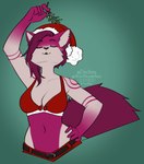 anthro breasts christmas_clothing christmas_headwear clothed clothing ear_piercing ear_ring eyes_closed female green_background hair hat headgear headwear holding_mistletoe holidays kissing midriff mistletoe navel piercing plant puckered_lips purple_hair ring_piercing santa_hat simple_background smile solo kittydee christmas zofia_(pearlhead) domestic_cat felid feline felis mammal 2021 dated digital_media_(artwork) hi_res