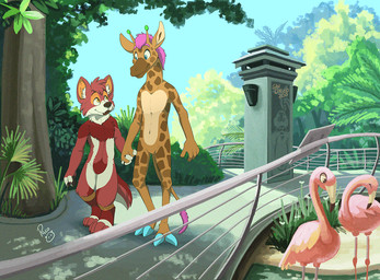 ambiguous_feral ambiguous_gender anthro blue_eyes blue_sky cheek_tuft duo_focus facial_tuft fangs feral fur group hair hand_holding head_tuft logo male male_anthro mouth_closed outside plant purple_hair red_body red_fur shrub sky standing teeth tree tuft white_body white_fur yellow_eyes young young_anthro young_male pandapaco giraffe giraffid mammal artist_logo signature