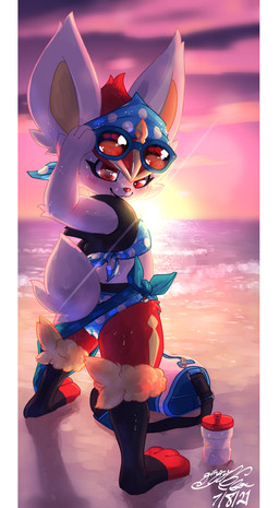 anthro beach bikini butt clothing detailed_background eyewear female looking_at_viewer looking_back outside rear_view seaside solo sunglasses sunset swimwear towel two-piece_swimsuit water gingy_k_fox nintendo pokemon cinderace generation_8_pokemon pokemon_(species) 2021 shaded signature