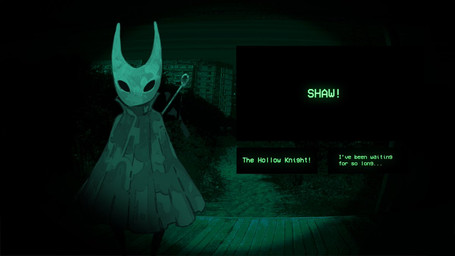 anthro black_eyes cloak clothing dialogue exclamation_point female looking_at_viewer night_vision outside peephole robe solo standing text trioskaz_(artist) hollow_knight_(franchise) no_i'm_not_a_human team_cherry hornet_(hollow_knight) arthropod humanoid insect 16:9 crossover english_text widescreen