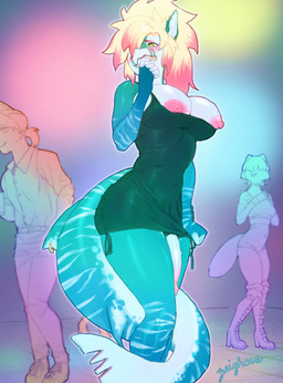 anthro areola big_breasts biped blonde_hair blue_body blush breasts clothing countershading dance_floor dress ear_piercing embarrassed exhibitionism facial_markings fin fin_piercing furgonomic_piercing furgonomics genitals gradient_penis green_body green_clothing green_dress green_eyes grey_body grey_countershading group gynomorph hair head_markings highlights_(coloring) intersex markings multicolored_body navel_outline nipples non-mammal_breasts notched_tail party penis piercing pink_highlights pointy_ears public public_exposure ring_piercing solo_focus standing stripes tail tail_fin tight_clothing tight_dress tugging_clothing undersized_clothing white_stripes zeighous flynn_doral aquatic fish mammal shark 2025 hi_res signature