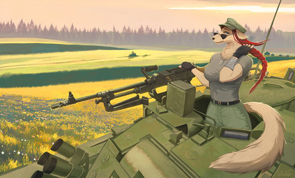 anthro anti-aircraft_gun armband big_breasts bipod black_nose blue_eyes braided_hair breasts bright_light clothing day detailed_background dog_tags eyewear female fingerless_gloves forest fur furry_tail gloves grass gun hair hand_on_own_hair handwear long_hair long_snout long_tail looking_at_viewer machine_gun military nature nature_background nsv_(machine_gun) outside pale_fur plant ranged_weapon red_hair shirt smile snout soldier solo spruce standing sunglasses t-shirt tail topwear tree vehicle warrior weapon wooden_house ulolin canid canine canis domestic_dog mammal 2023 digital_drawing_(artwork) digital_media_(artwork) russian_description signature translated_description