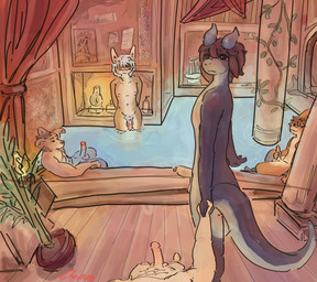 anthro balls bath bathhouse curtains erection first_person_view genitals group human_pov humanoid_genitalia humanoid_penis inside looking_at_viewer male male/male male_pov masturbation nude_male partially_submerged penile penile_masturbation penis plant plant_pot potted_plant pubes water cheetuppy mythology dragon felid feline human mammal mythological_creature mythological_scalie scalie absurd_res hi_res