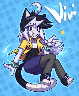 ahoge anthro black_body black_eyes black_fur black_hair black_nose blue_background bottomwear bracelet clothed clothing dipstick_tail dotted_background eyebrow_through_hair eyebrows eyelashes female footwear fur grey_body grey_fur grey_hair hair jacket jewelry long_hair male markings multicolored_body multicolored_fur multicolored_hair open_clothing open_jacket open_topwear pants pattern_background shirt shoes simple_background smile solo tail tail_markings topwear translucent translucent_hair two_tone_body two_tone_fur two_tone_hair white_tail_tip conditional_dnp teckworks vivi_(vicezvince) domestic_cat felid feline felis mammal male_(lore)