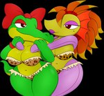 2022 absurd_res alligator alligatorid alpha_channel anthro bow_tie breasts clothing cro_funky crocodilian digital_drawing_(artwork) digital_media_(artwork) duo female fish_funky green_body hi_res looking_at_another narrowed_eyes panties reptile scalie standing the_first_funky_fighter thick_thighs underwear zinzoa