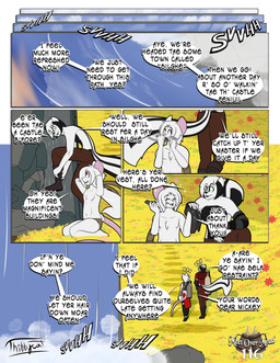 anthro arm_warmers armwear bag boots bottomwear chest_tuft clothing dialogue dressing duo flower footwear fur grass green_eyes hair kneeling legwear loincloth long_hair male male/male pants plant red_eyes rock shoes sparkles speech_bubble stockings text topwear tuft vest water waterfall whetstone white_body white_fur thibbycat mickey_(thibbycat) xin_(thibbycat) comic english_text hi_res