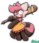 anthro bat_(object) biped black_body black_eyes black_fur black_nose clothed clothing dress featureless_feet featureless_hands feet female frown fur grey_body grey_fur holding_bat holding_object holding_weapon looking_at_viewer pink_body pink_clothing pink_dress pink_fur plushie simple_background solo spiked_bat standing tail weapon white_background yellow_clothing yellow_dress miso_souperstar dally_(miso_souperstar) ailurid animate_inanimate living_plushie mammal red_panda 2025 absurd_res full-length_portrait hi_res portrait shaded