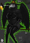 anthro black_body clothing female gun hat headgear headwear latex lingerie looking_at_viewer plague_doctor ranged_weapon red_eyes simple_background sitting solo tank_(vehicle) vehicle weapon wings witch_hat johnn_lima black_prince avian bird corvid humanoid oscine passerine