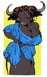 2_horns anthro arm_under_breasts bedroom_eyes bent_arm big_breasts big_butt big_eyes big_iris biped black_body black_breasts black_ears black_eyebrows black_fur black_tail blue_clothing blue_robe border breasts butt cleavage clothed clothed_anthro clothed_female clothing curved_horn dark_body dark_fur ear_piercing ear_ring ear_tuft eyebrows eyelashes female fingers fur fur_tuft glistening glistening_nose grey_eyes grey_horn hair half-closed_eyes hoop_ear_ring horn iris long_eyelashes looking_at_viewer medium_hair monotone_background narrowed_eyes off_shoulder orange_hair outside_border piercing pink_nose pose pupils ring_piercing robe seductive side_view simple_background small_eyebrows snout solo standing tail thick_thighs tuft white_border yellow_background sori0414 bovid bovine cattle mammal 2025 digital_drawing_(artwork) digital_media_(artwork) portrait three-quarter_portrait