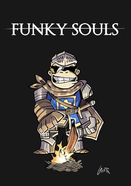 armor black_background eyewear fire grey_background male shield simple_background smile solo sunglasses text gerph dark_souls donkey_kong_(series) fromsoftware nintendo funky_kong ape haplorhine mammal primate crossover english_text