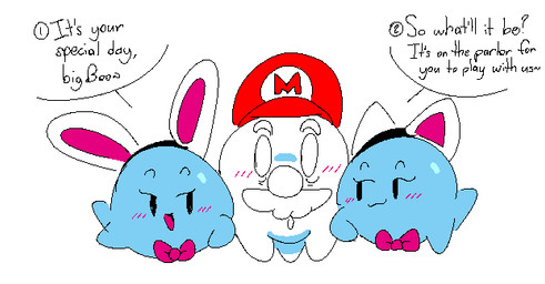 blush bow_tie dialogue facial_hair fake_cat_ears fake_ears fake_rabbit_ears female flirting group male mustache seductive speech_bubble surprised text trio slem mario_bros nintendo lahla_(mario) mario peeka_(mario) boo_(mario) ghost sphere_creature spirit 2026 aliasing digital_media_(artwork) english_text