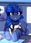 blue_body blue_eyes blue_fur blue_hair clothing computer desk electronics female fur furniture hair horn solo sparkles table wings shadowreindeer detroit:_become_human friendship_is_magic hasbro my_little_pony mythology connor_(detroit) princess_luna_(mlp) equid equine mammal mythological_creature mythological_equine winged_unicorn hi_res