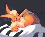 anthro balls bed blush bottomwear clothing condom fluffy foreskin furniture genitals lifting_covers looking_at_viewer lying male on_side pants penis presenting presenting_penis seductive sexual_barrier_device slightly_chubby solo tail e-mana nintendo pokemon eeveelution flareon generation_1_pokemon pokemon_(species) hi_res