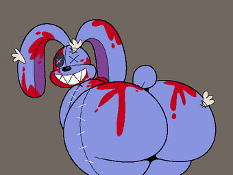 anthro big_butt black_eyes black_nose blood blood_on_butt blood_on_ear blood_on_face blue_body blue_ears blue_tail bodily_fluids butt button_(fastener) button_eyes grey_background huge_butt looking_at_viewer looking_back looking_back_at_viewer male plushie purple_inner_ear rear_view scut_tail sharp_teeth short_tail simple_background smile smiling_at_viewer solo stitch_(sewing) tail teeth thick_thighs x_eyes mellobunn activision call_of_duty treyarch mister_peeks animate_inanimate lagomorph leporid living_plushie mammal rabbit 2026 colored digital_media_(artwork) flat_colors