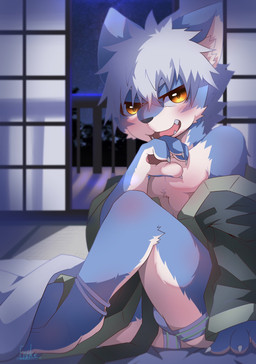 anthro blue_body blue_fur blush bulge cheek_tuft clothed clothing countershade_arms countershade_face countershade_legs countershade_torso countershading facial_tuft fangs fur hair hand_under_chin inner_ear_fluff inside jockstrap kemono light male moonlight neck_tuft one_leg_up open_mouth orange_eyes partially_clothed raised_leg robe shoji shota sitting sitting_on_ground solo tatami teeth tuft underwear white_body white_fur white_hair young young_anthro meowolf222 canid canine canis mammal wolf hi_res source_request unavailable_at_source