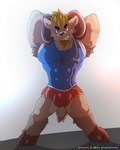 anthro armpit_hair big_muscles body_hair bottomwear bulge clothing facial_hair horn male muscular muscular_male shirt shorts solo tank_top tight_clothing topwear ursofofinho rammy_aaron bovid caprine mammal