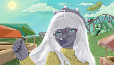 amusement_ride anthro biped blue_eyes claws cloud day eyewear facial_horn female finger_claws fingers food front_view glasses grass grey_hair hair happy horn humanoid_hands long_hair looking_at_viewer outside pickle_(food) plant roller_coaster sky smile solo sun ryangoslinghorny devlog:_a_post-modern_college_experience abigail_(devlog) centrosaurine ceratopsian ceratopsid dinosaur marginocephalian ornithischian prehistoric_species reptile scalie styracosaurus 2025 bust_portrait colored hi_res portrait shaded